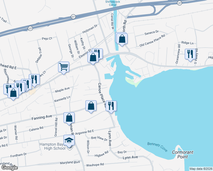 map of restaurants, bars, coffee shops, grocery stores, and more near 21A Canoe Place Road in Hampton Bays