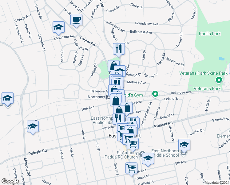 map of restaurants, bars, coffee shops, grocery stores, and more near 19 Laurel Road in East Northport