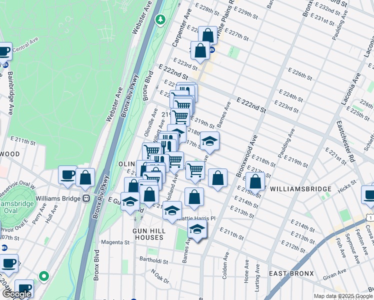 map of restaurants, bars, coffee shops, grocery stores, and more near 722 East 216th Street in Bronx