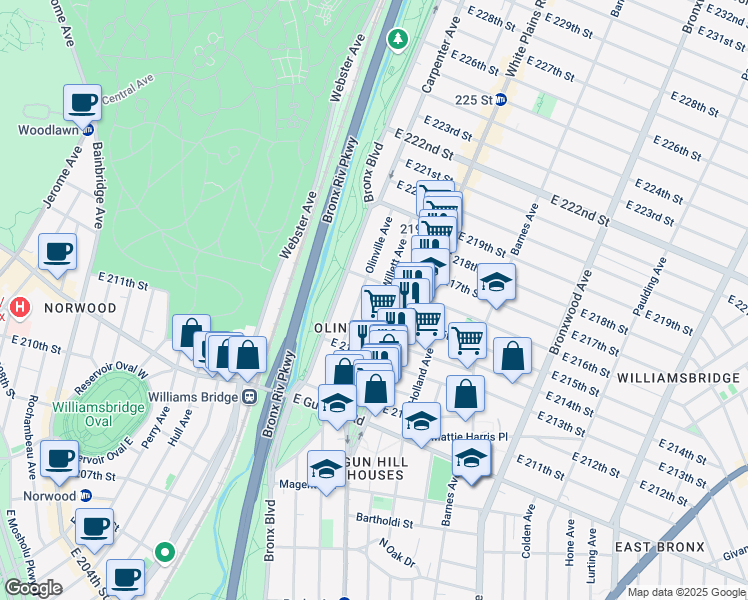 map of restaurants, bars, coffee shops, grocery stores, and more near 3651 Willett Avenue in The Bronx