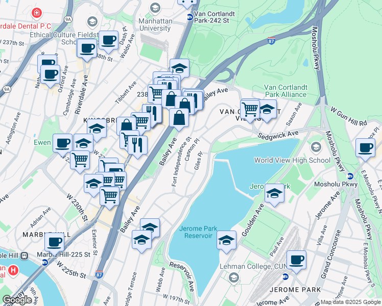 map of restaurants, bars, coffee shops, grocery stores, and more near 3438 Giles Place in Bronx