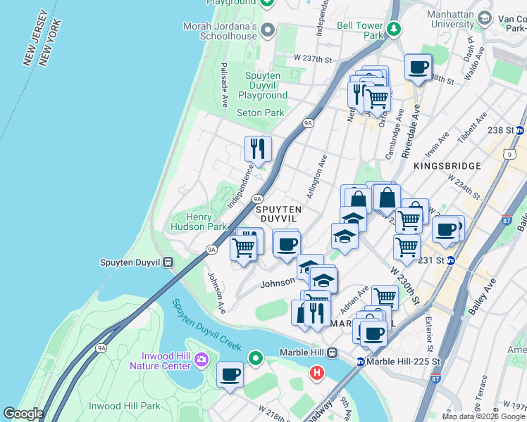 map of restaurants, bars, coffee shops, grocery stores, and more near in The Bronx