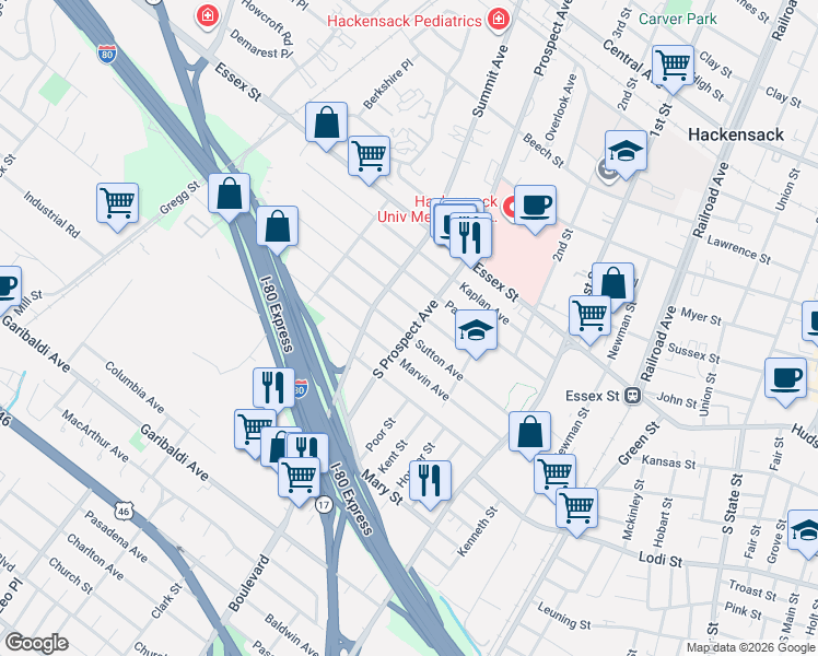 map of restaurants, bars, coffee shops, grocery stores, and more near 87 South Prospect Avenue in Hackensack