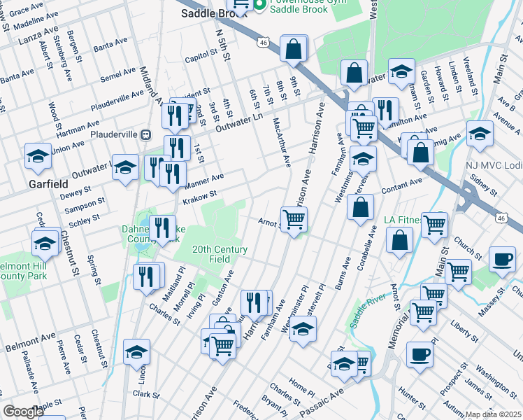 map of restaurants, bars, coffee shops, grocery stores, and more near 303 Malcolm Avenue in Garfield