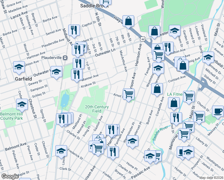 map of restaurants, bars, coffee shops, grocery stores, and more near 303 Malcolm Avenue in Garfield