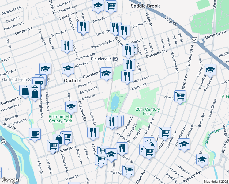 map of restaurants, bars, coffee shops, grocery stores, and more near 3 Dahnert Park Lane in Garfield