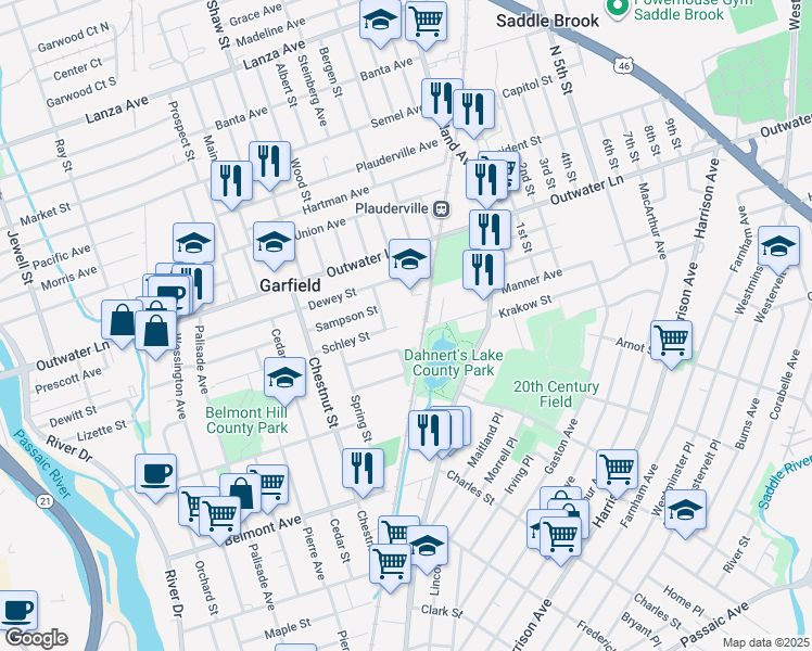 map of restaurants, bars, coffee shops, grocery stores, and more near 162 Schley Street in Garfield