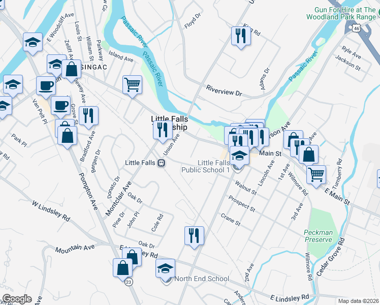 map of restaurants, bars, coffee shops, grocery stores, and more near 66 Walnut Street in Little Falls