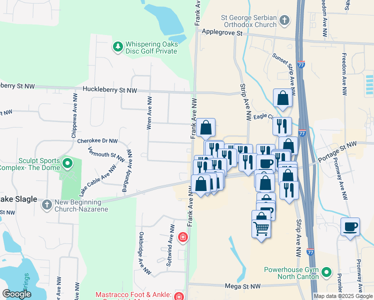 map of restaurants, bars, coffee shops, grocery stores, and more near 6911 Frank Avenue Northwest in North Canton