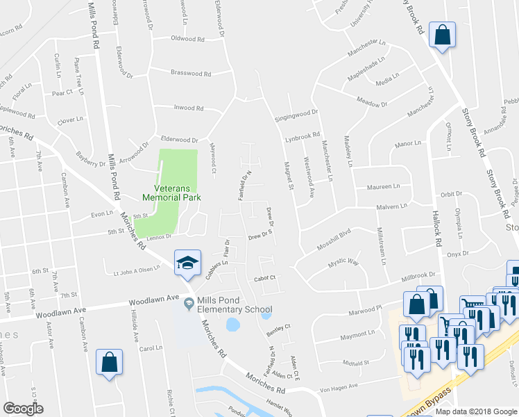 map of restaurants, bars, coffee shops, grocery stores, and more near 1005 Drew Drive North in St. James