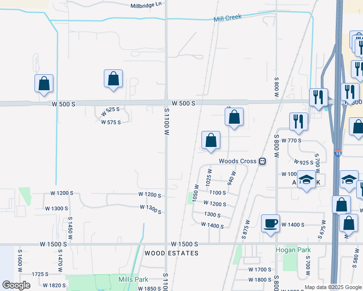 map of restaurants, bars, coffee shops, grocery stores, and more near 1071 West Audrey Lane in Woods Cross