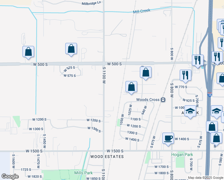 map of restaurants, bars, coffee shops, grocery stores, and more near 1075 West Audrey Lane in Woods Cross