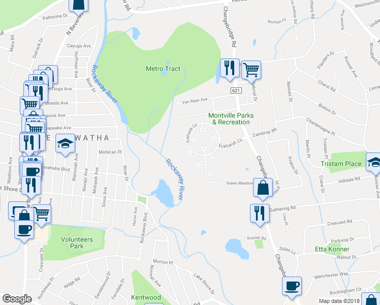 map of restaurants, bars, coffee shops, grocery stores, and more near Independence Court in Montville