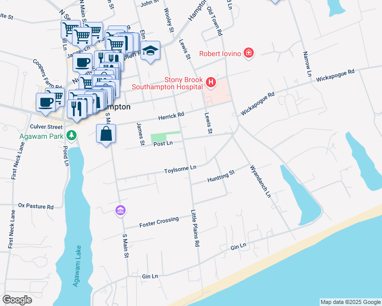 map of restaurants, bars, coffee shops, grocery stores, and more near 260 Little Plains Road in Southampton