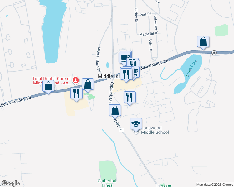 map of restaurants, bars, coffee shops, grocery stores, and more near 43 Fairview Circle in Middle Island