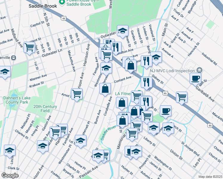 map of restaurants, bars, coffee shops, grocery stores, and more near 55 Dell Glen Avenue in Lodi