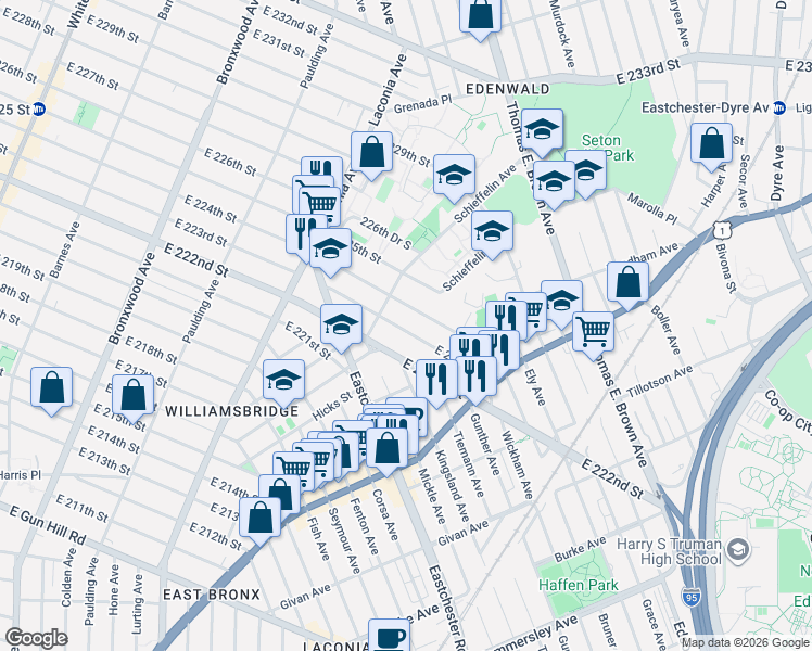 map of restaurants, bars, coffee shops, grocery stores, and more near 1226 East 223rd Street in Bronx