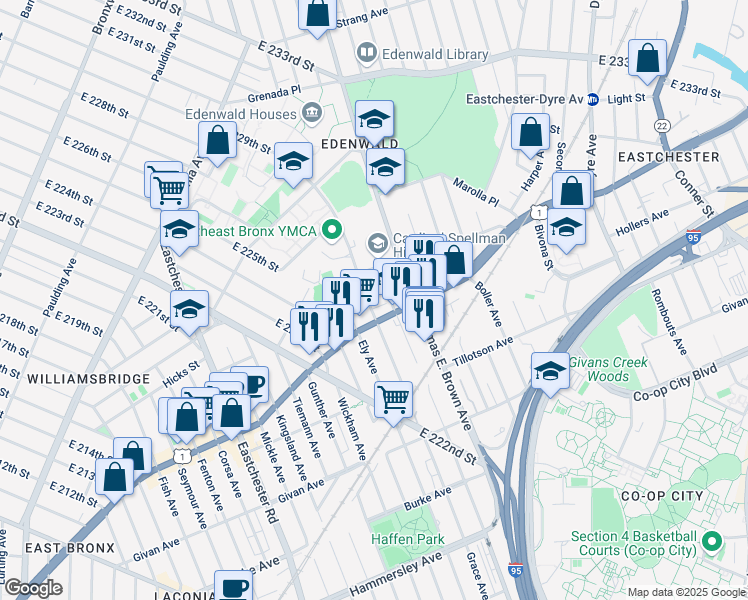 map of restaurants, bars, coffee shops, grocery stores, and more near 3504 Grace Avenue in Bronx
