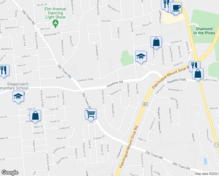 map of restaurants, bars, coffee shops, grocery stores, and more near 662 Hawkins Road in Coram