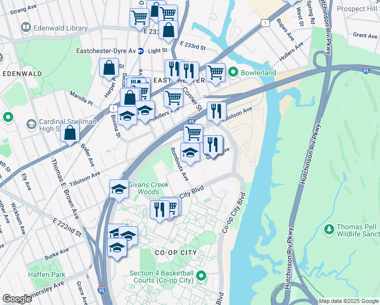 map of restaurants, bars, coffee shops, grocery stores, and more near 3310 De Lavall Avenue in The Bronx