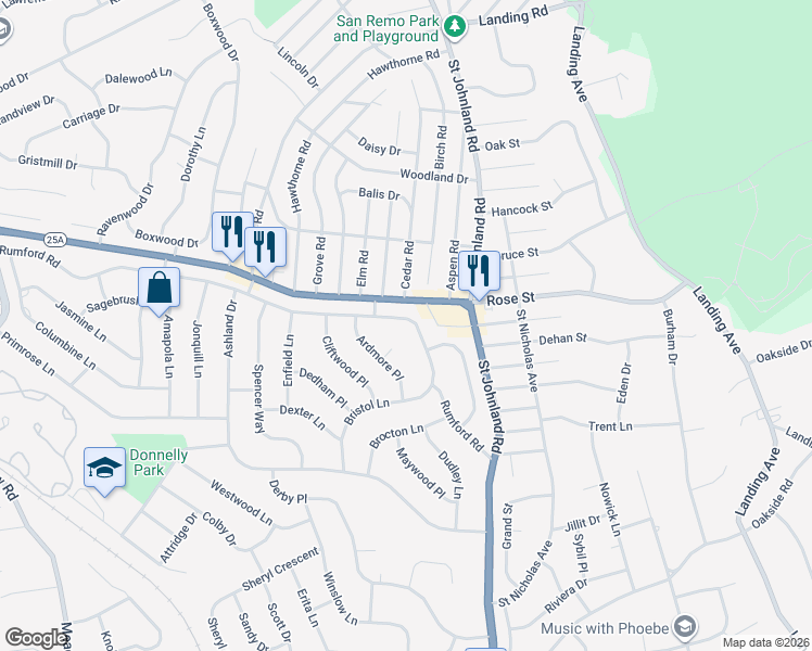 map of restaurants, bars, coffee shops, grocery stores, and more near 38 Rumford Road in Kings Park