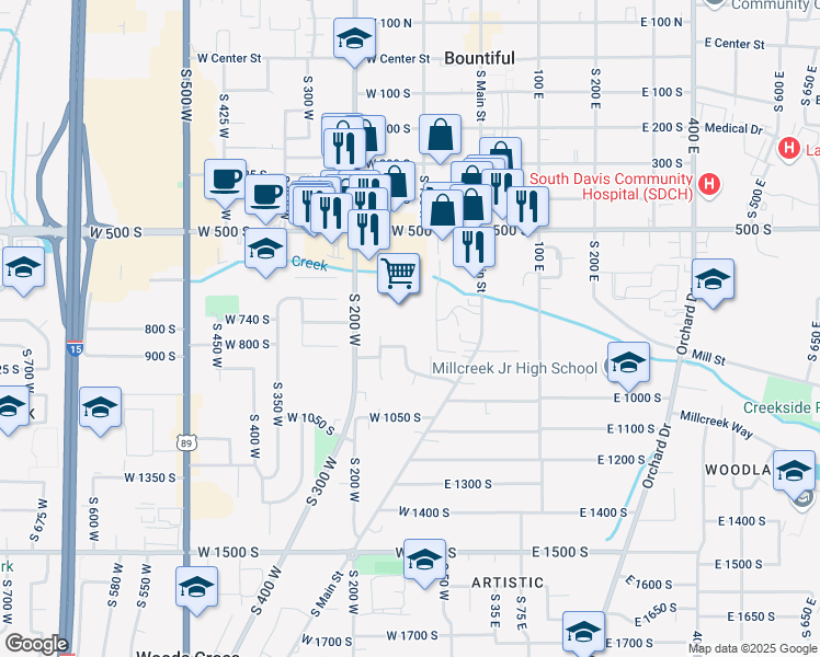 map of restaurants, bars, coffee shops, grocery stores, and more near 555 South 200 West in Bountiful