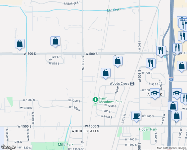 map of restaurants, bars, coffee shops, grocery stores, and more near 1059 West Audrey Lane in Woods Cross