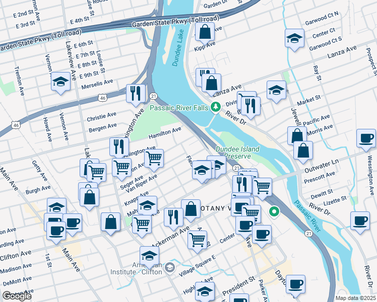 map of restaurants, bars, coffee shops, grocery stores, and more near 31 Van Riper Avenue in Clifton