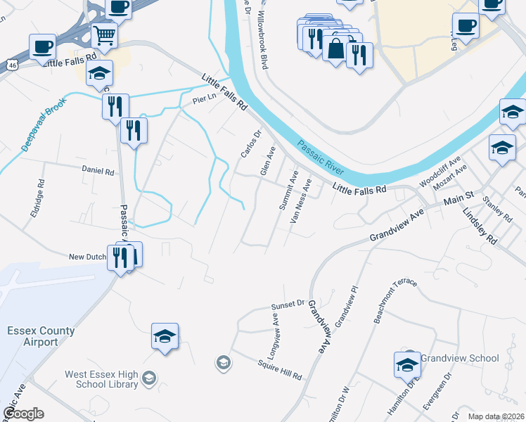 map of restaurants, bars, coffee shops, grocery stores, and more near 45 Glen Avenue in Fairfield