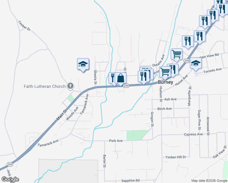 map of restaurants, bars, coffee shops, grocery stores, and more near 37061 California 299 in Burney