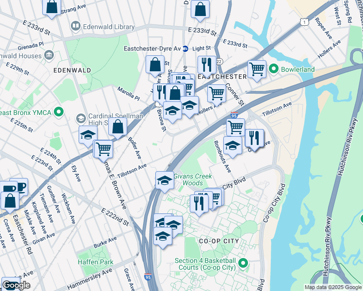 map of restaurants, bars, coffee shops, grocery stores, and more near 2173 New England Thru in The Bronx