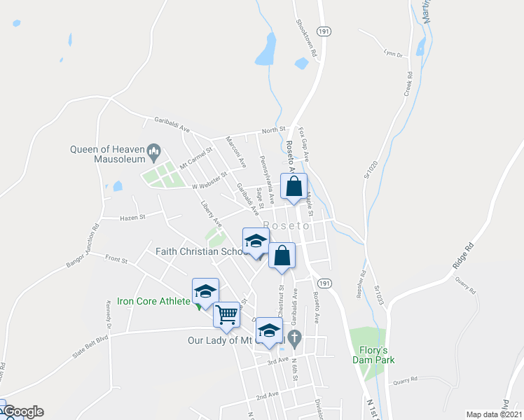 map of restaurants, bars, coffee shops, grocery stores, and more near Jewel Street in Roseto
