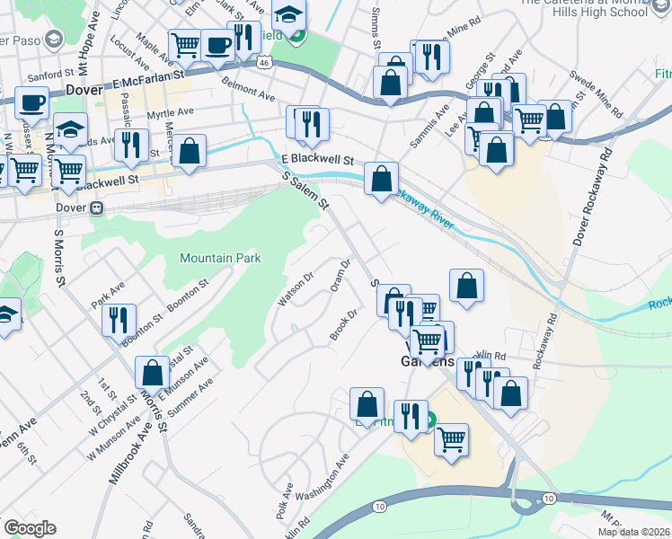 map of restaurants, bars, coffee shops, grocery stores, and more near 23 Oram Drive in Dover