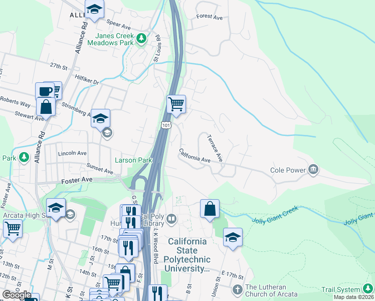 map of restaurants, bars, coffee shops, grocery stores, and more near 315 California Avenue in Arcata