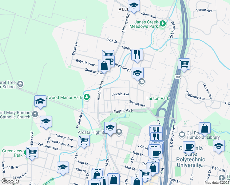 map of restaurants, bars, coffee shops, grocery stores, and more near 1285-1315 Lincoln Avenue in Arcata