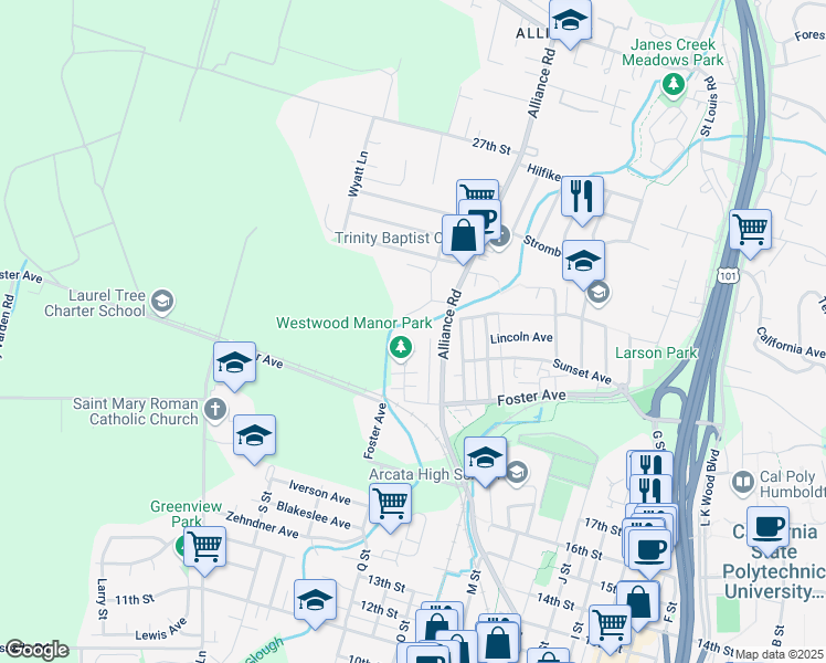 map of restaurants, bars, coffee shops, grocery stores, and more near 2237 Heather Lane in Arcata