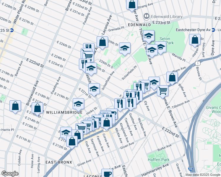 map of restaurants, bars, coffee shops, grocery stores, and more near 1226 East 223rd Street in Bronx