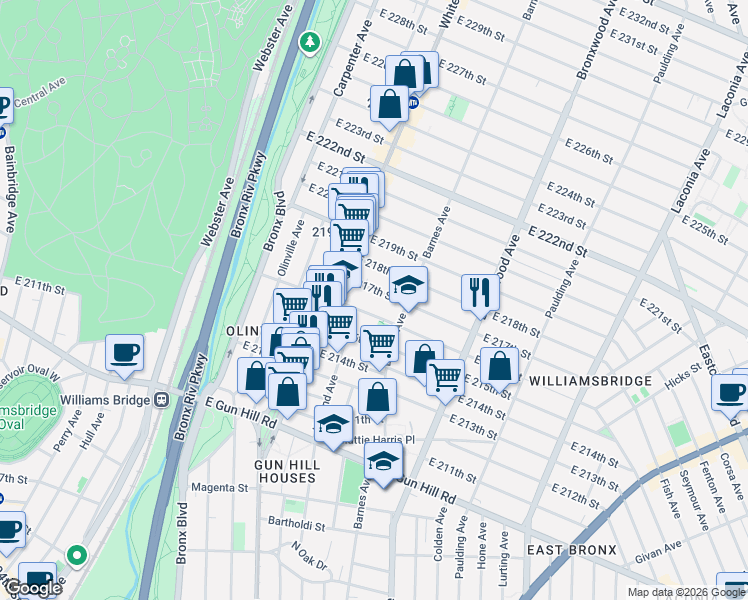 map of restaurants, bars, coffee shops, grocery stores, and more near 769 East 216th Street in The Bronx