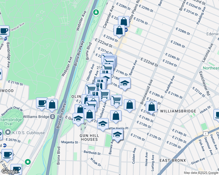 map of restaurants, bars, coffee shops, grocery stores, and more near 722 East 216th Street in Bronx