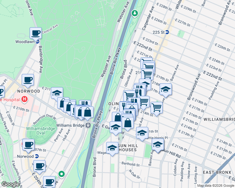 map of restaurants, bars, coffee shops, grocery stores, and more near 3632 Bronx Boulevard in The Bronx