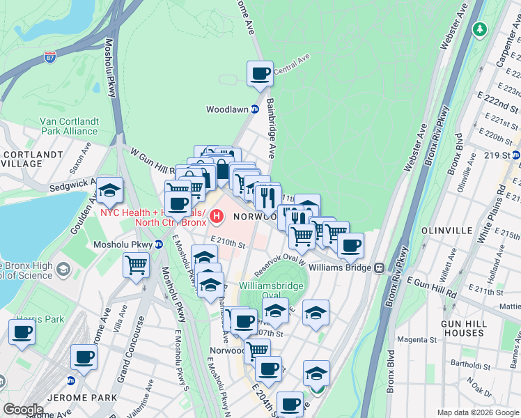 map of restaurants, bars, coffee shops, grocery stores, and more near in The Bronx