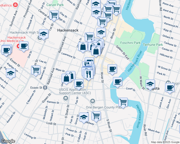 map of restaurants, bars, coffee shops, grocery stores, and more near 11 Atlantic Street in Hackensack