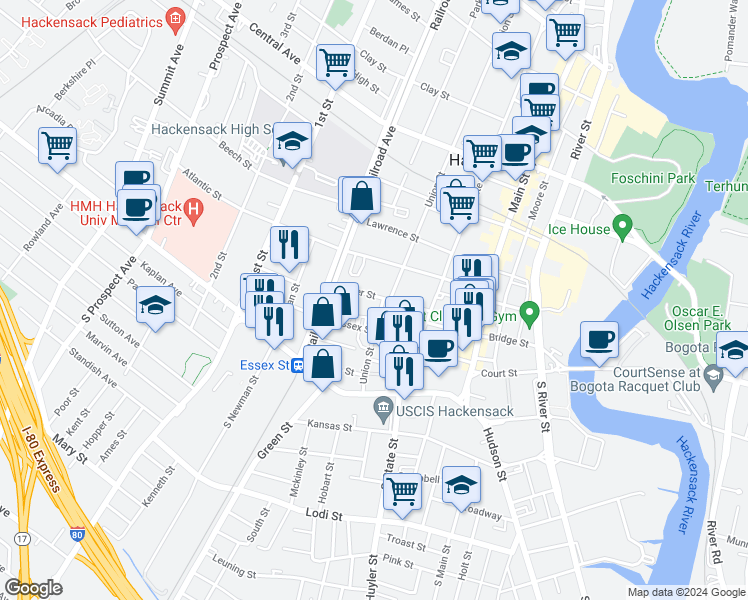 map of restaurants, bars, coffee shops, grocery stores, and more near 75 Union Street in Hackensack
