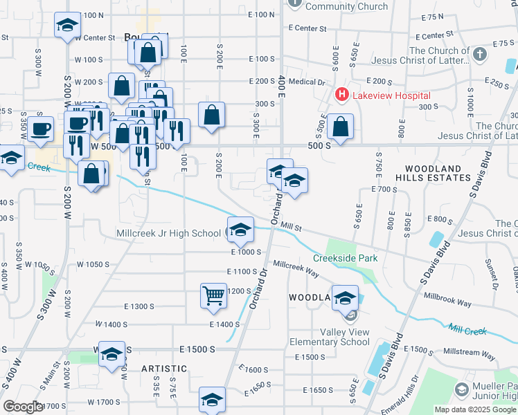 map of restaurants, bars, coffee shops, grocery stores, and more near 325 East Mill Street in Bountiful