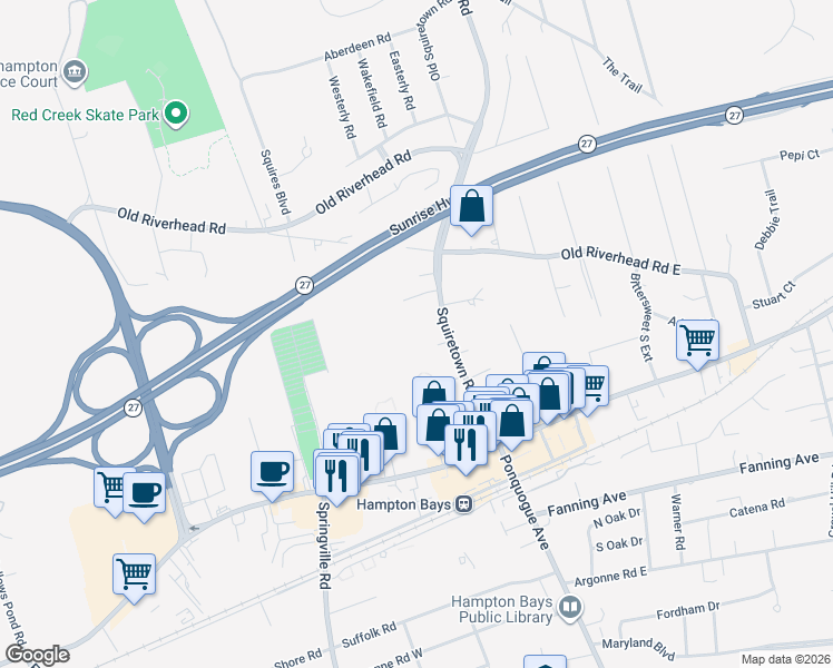 map of restaurants, bars, coffee shops, grocery stores, and more near 27 Squiretown Road in Hampton Bays