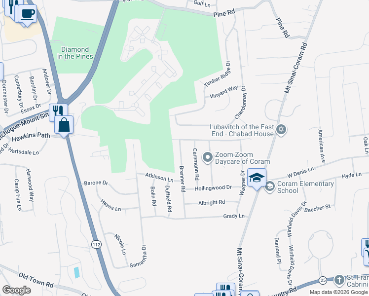 map of restaurants, bars, coffee shops, grocery stores, and more near 7 Brenner Road in Coram