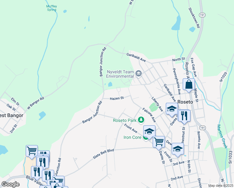 map of restaurants, bars, coffee shops, grocery stores, and more near 625 Hazen Street in Roseto