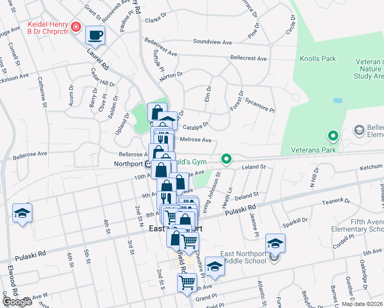 map of restaurants, bars, coffee shops, grocery stores, and more near 180 Bellerose Avenue in East Northport