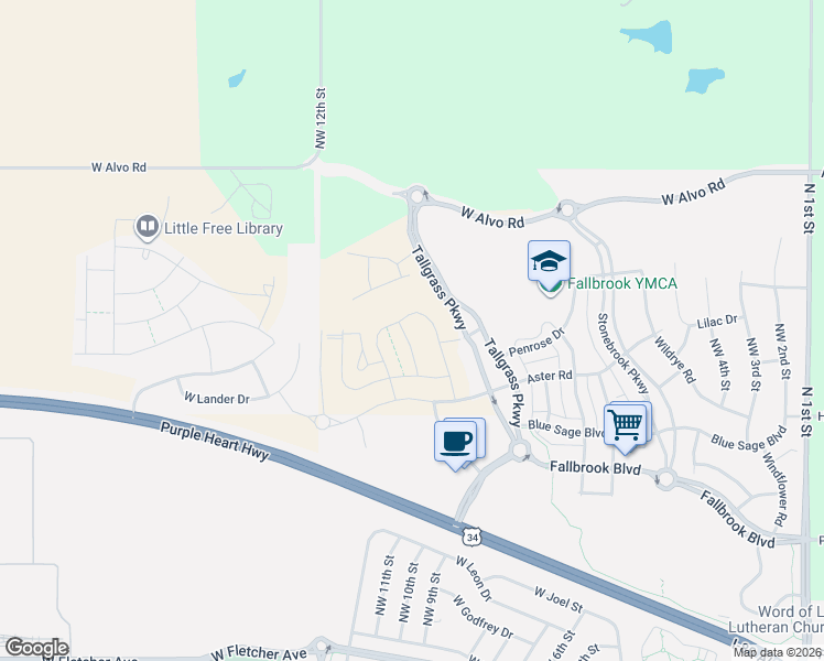 map of restaurants, bars, coffee shops, grocery stores, and more near Penrose Drive in Lincoln