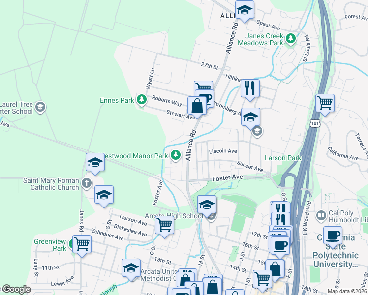 map of restaurants, bars, coffee shops, grocery stores, and more near 2244 Wisteria Way in Arcata